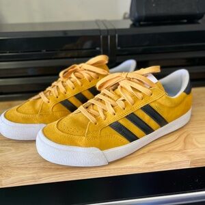 Adidas NORA Mustard Yellow Suede Low-Top Sneakers with Black Stripes Gum Sole
